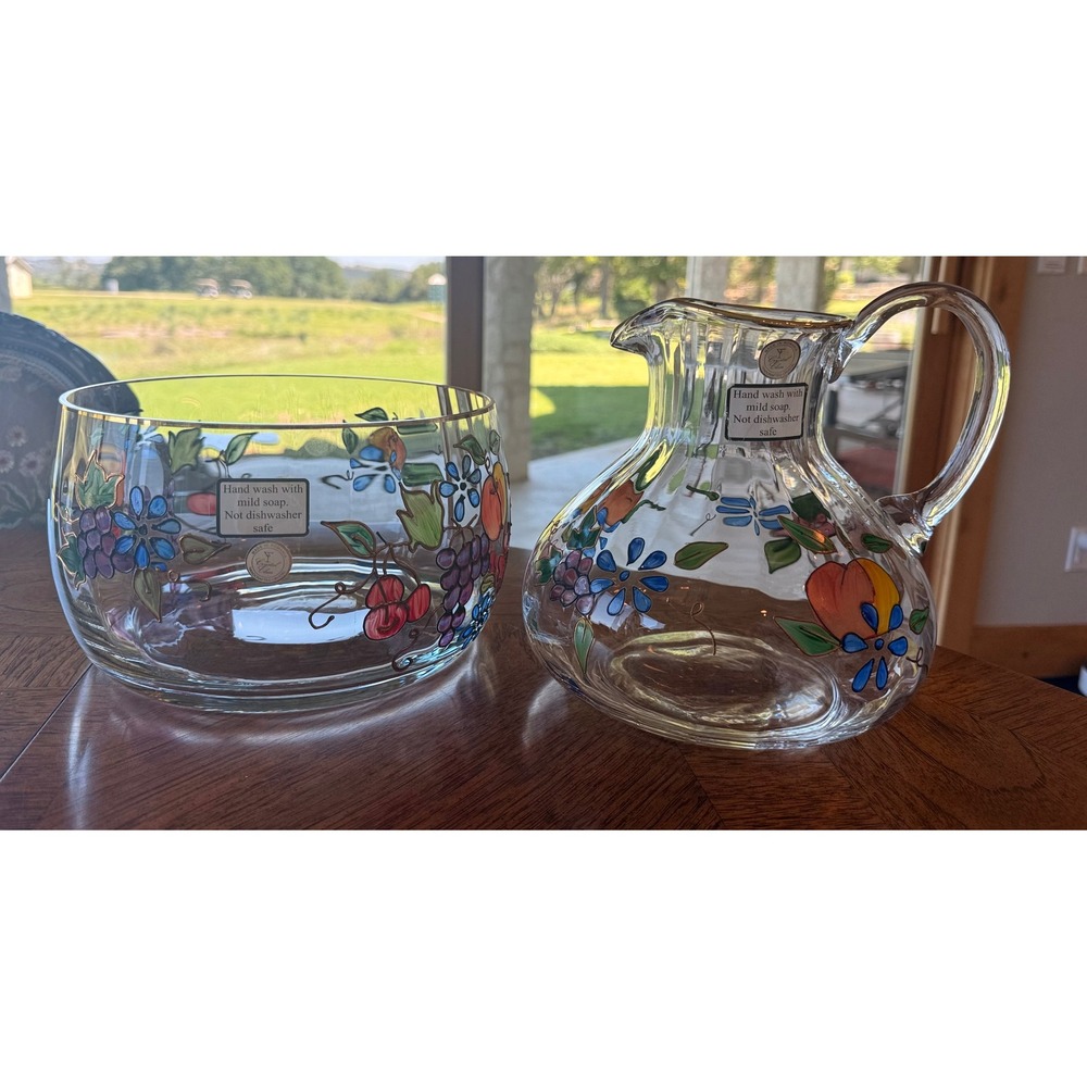 NWT‎ Romanian Hand Painted Art Glass Pitcher Bowl Set Fruit Floral Crystal Clear